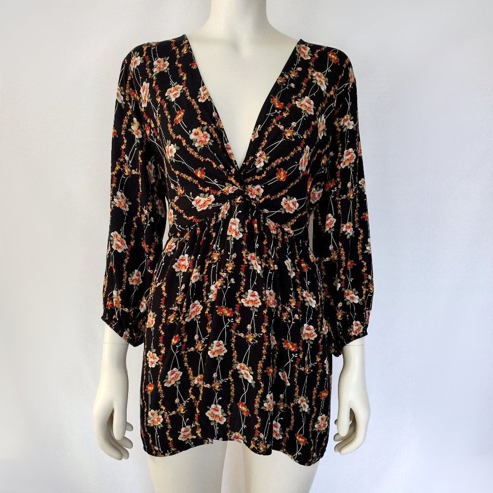 Suzanne Betro Boho Black Floral 3/4 Sleeve Mini Summer Dress
